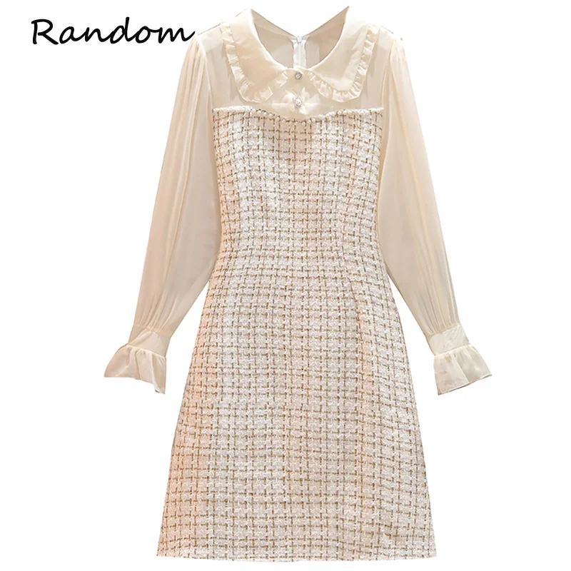 

Женское платье-мини из твида, с длинным рукавом и жемчужинами