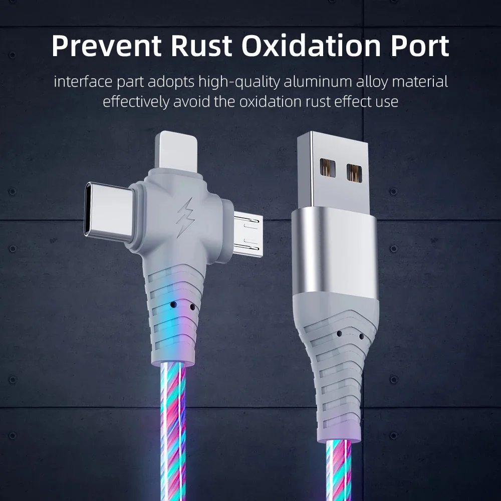 3 in 1 led glow flowing charger cable luminous lighting fast charging micro usb type c for iphone android phone usb wire cord free global shipping