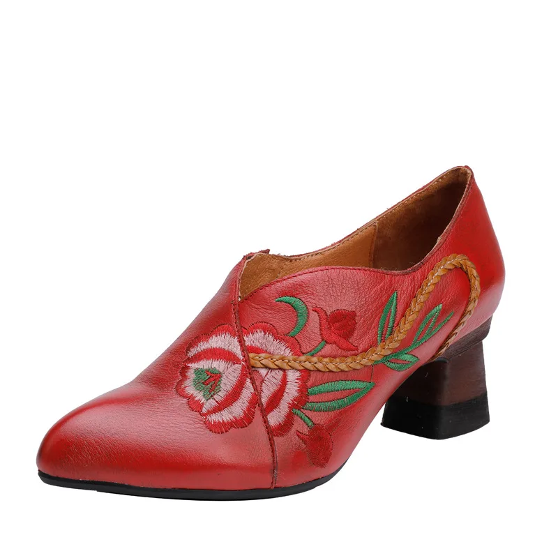 

YourSeason Pumps Ladies Shoes Genuine Leather Pointed Toe 2022 Women Embroider Vintage Autumn Handmade Floral High Heels Shoes
