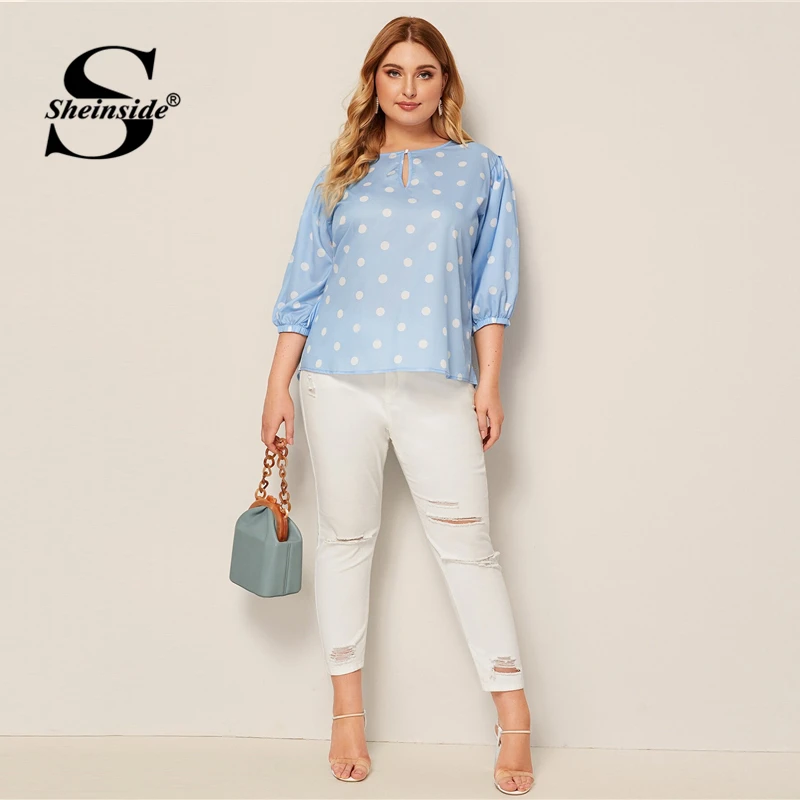Sheinside/Большие размеры, блузка в горошек с коротким рукавом, Женская Осенняя коллекция года, эластичные Блузы с манжетами, женская синяя блузка с вырезом спереди