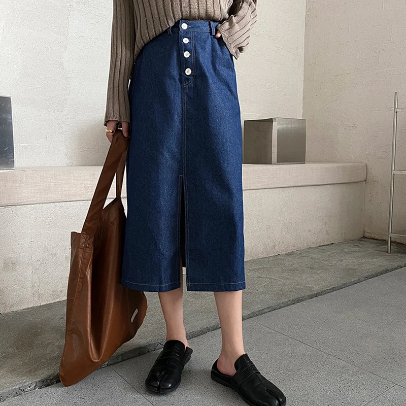 

APXIVI Denim Skirt Women High Waist Front Button Blue Skirt Vintage Streetwear Women Front Split Pencil Half Skirts Lady Elegant