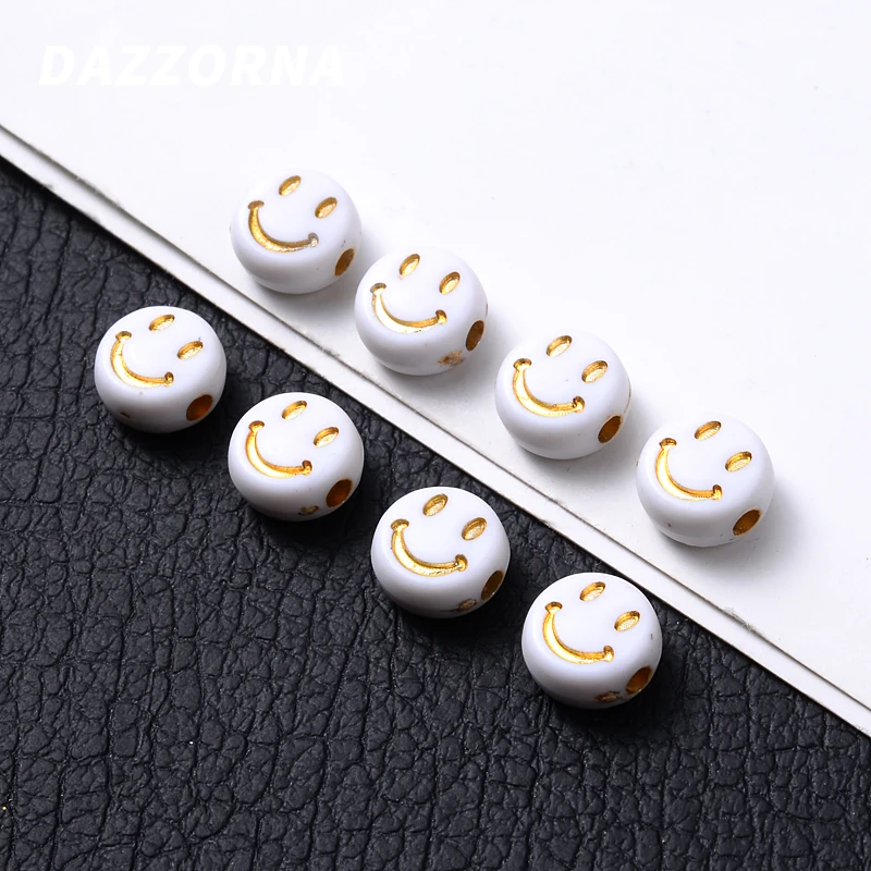 100 шт./лот 4x7 мм белые + золотые акриловые бусины с улыбающимся лицом плоские