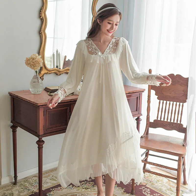 Court Style Nightdress Women's Long Sleeve French Style Retro Sweet Princess Lace Sexy Nightdress In Spring Autumn Sleep Tops