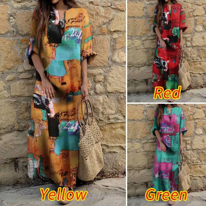 Женское длинное платье с принтом элегантное модное V-образным вырезом и длинными