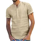 Мужская льняная футболка на пуговицах, однотонная Повседневная хлопковая Свободная рубашка с коротким рукавом и круглым вырезом, на пуговицах, лето 2021