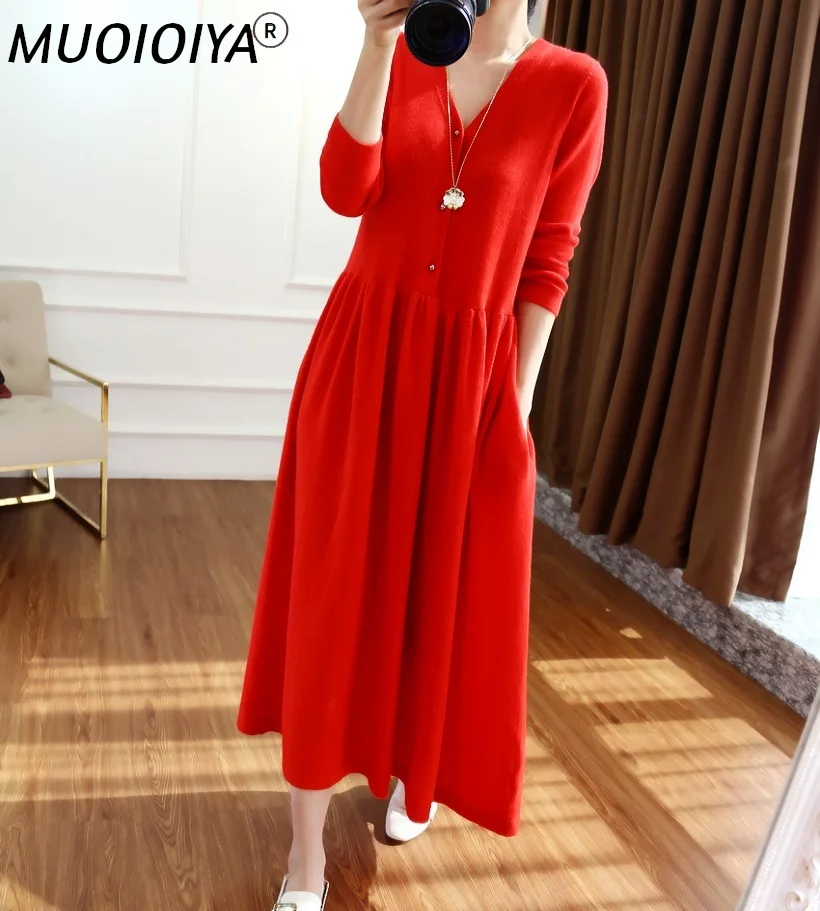 

2022 Autumn And Winter New V-Neck100% Wool dress female Temperament Long Paragraph OverThe Knee Big Dress Long Girl Clothes