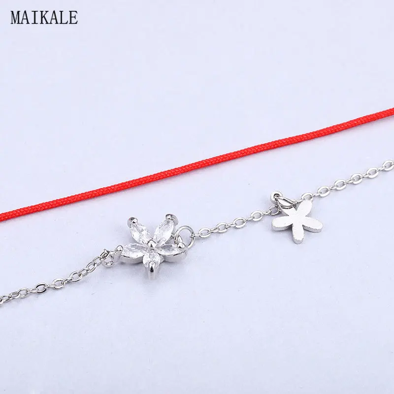 Женский браслет цепочка MAIKALE красный из фианита с подвесками в виде цветов