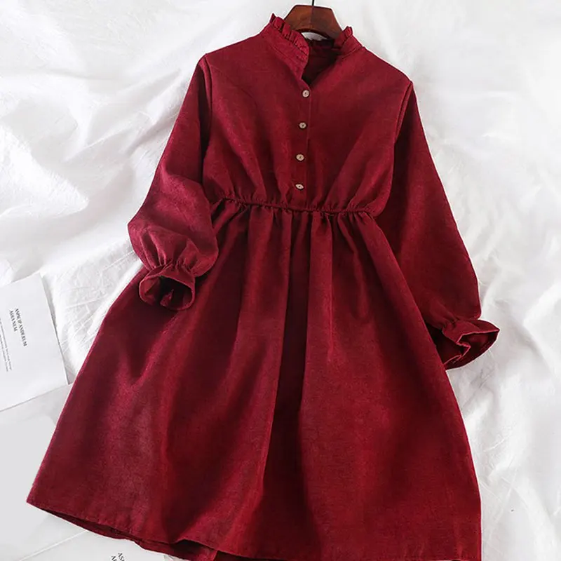 Mferlier осенне зимнее платье элегантное женское с деревянными ушками и стоячим