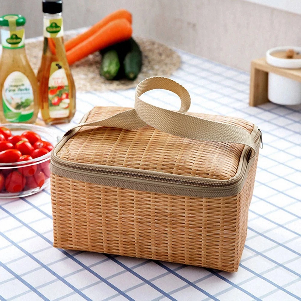 

Outdoor Camping Bag Tableware Food Container Basket Portable Wicker Rattan Shockproof Insulated Baskets with Strap