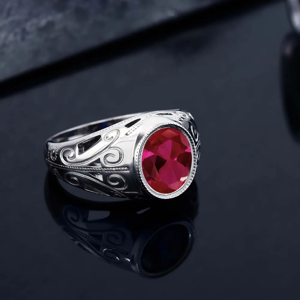 GemStoneKing, винтажное, 925 пробы, серебряное, мужское кольцо, 6,40 карат, овальное, красное, созданное рубиновое кольцо для мужчин, вечерние ювелирные изделия