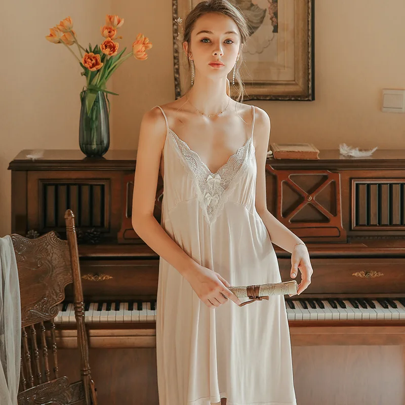 

Летняя пикантная кружевная ночная рубашка, тонкая с глубоким V-образным вырезом, модал, удобная свободная Пижама, пижама, Женская домашняя о...