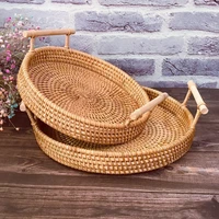 rattan storage tray handwoven storage round wicker basket for breakfast fruit food coffee tea home decoration with wooden handle