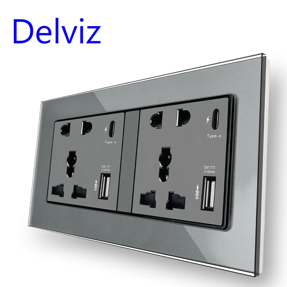 

Delviz Type C Wall USB Socket, Crystal glass panel,2A USB Power port, Universal Dual Socket, 18W power Smart Quick Charge Outlet