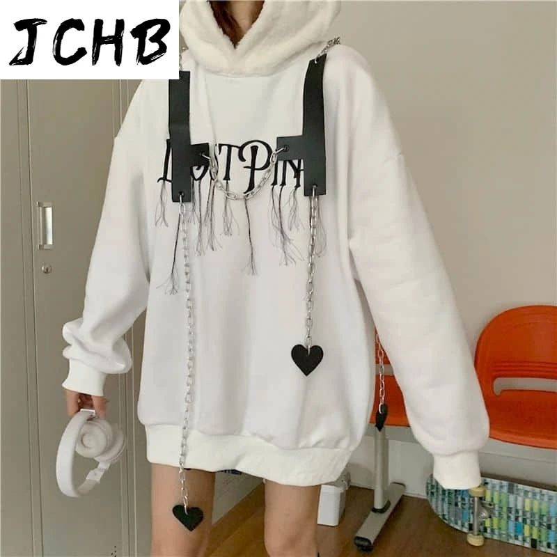 

2021 Autumn Winter Harajuku Streetwear Hoodies Women Pullovers with Funny Bunny Ears Ins Style Letters Loose Hooded Gothic Sweat
