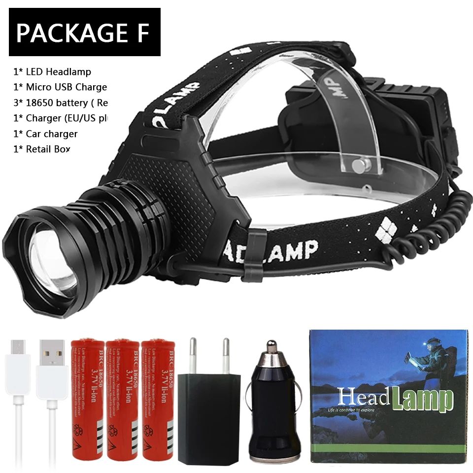 Package F Xhp90 2064 светодиодный налобный фонарь самый мощный 32 Вт xhp70 xhp50 налобный фонарь zoom power bank 7800 мАч 18650 аккумулятор - Испускаемый цвет: Package F