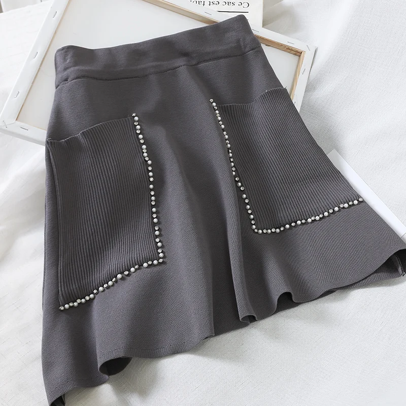 Neploe корейский элегантный бисерный с бриллиантами карманами вязаная юбка высокая