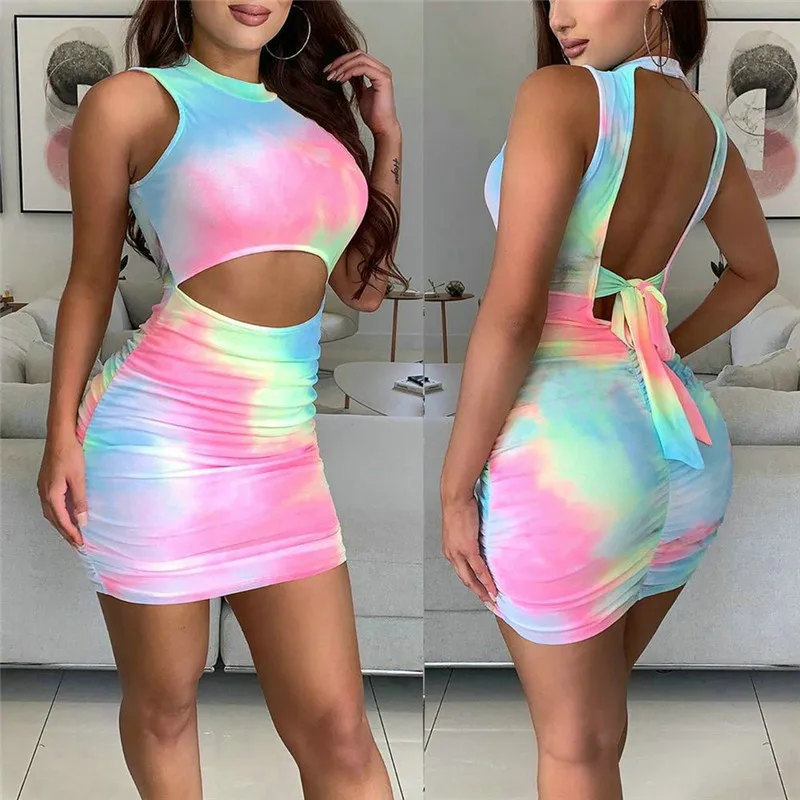 

hirigin Tie Dye Sexy Hollow Out Backless Bodyocn Bandage Dress Women Summer Party Night Club Outfits for Women