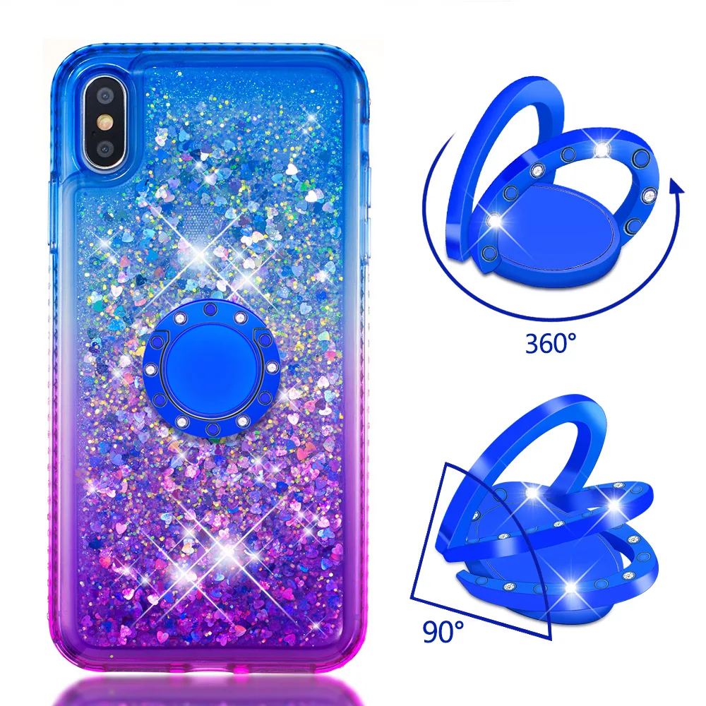 For iPhone 6 6S 7 8 Plus X XR XS Max Gradient Quicksand Series Glitter Protective Case With Ring Holder TPU Bumper Cushion Cover |