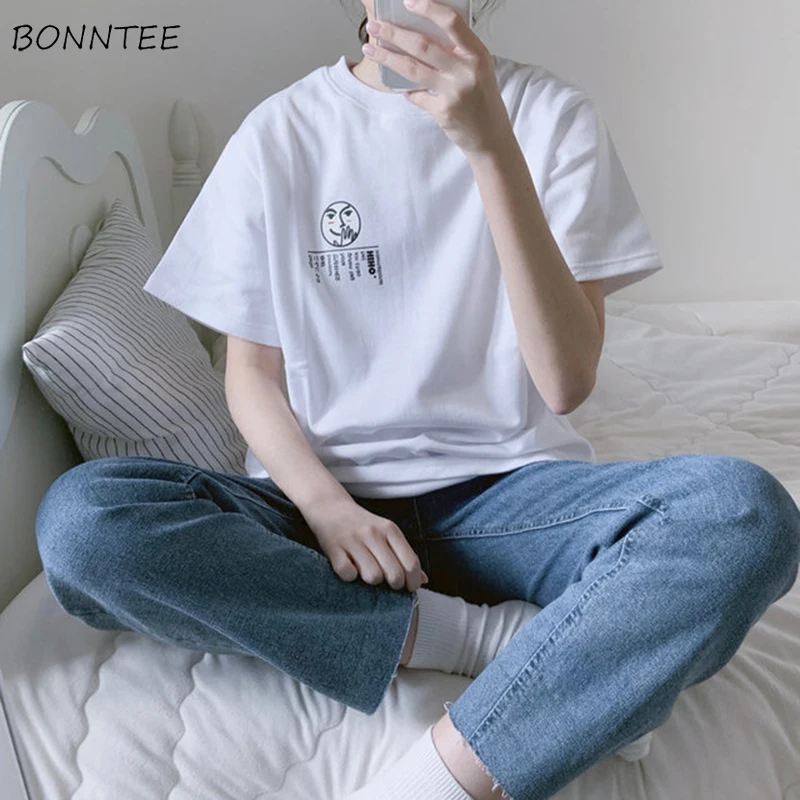 

Женские футболки с принтом Харадзюку, в Корейском стиле, свободные, трендовые, универсальная женская одежда, повседневная, с круглым вырезо...