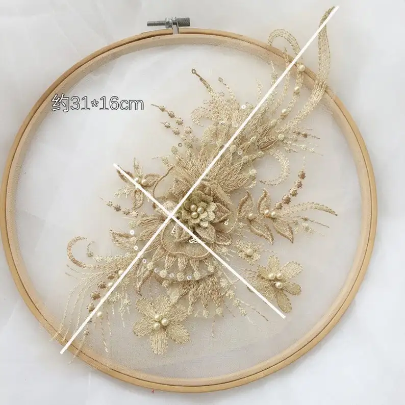 

Gold metallic beaded applique, beaded 3d flower applique lace for dance costume, bridal headpiece with sequins 1 Pcs