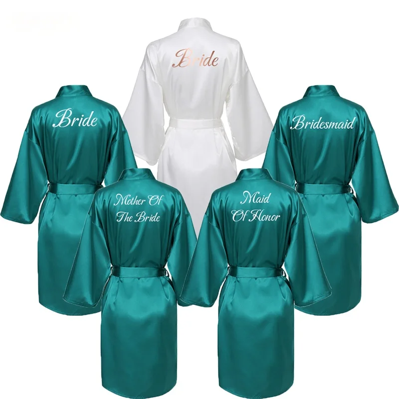 Satin Silk Bride Robe Women Wedding Robe Bridesmaid Bride Dressing Gown Bridal Bathrobe Slippers Gold Print Green Robe