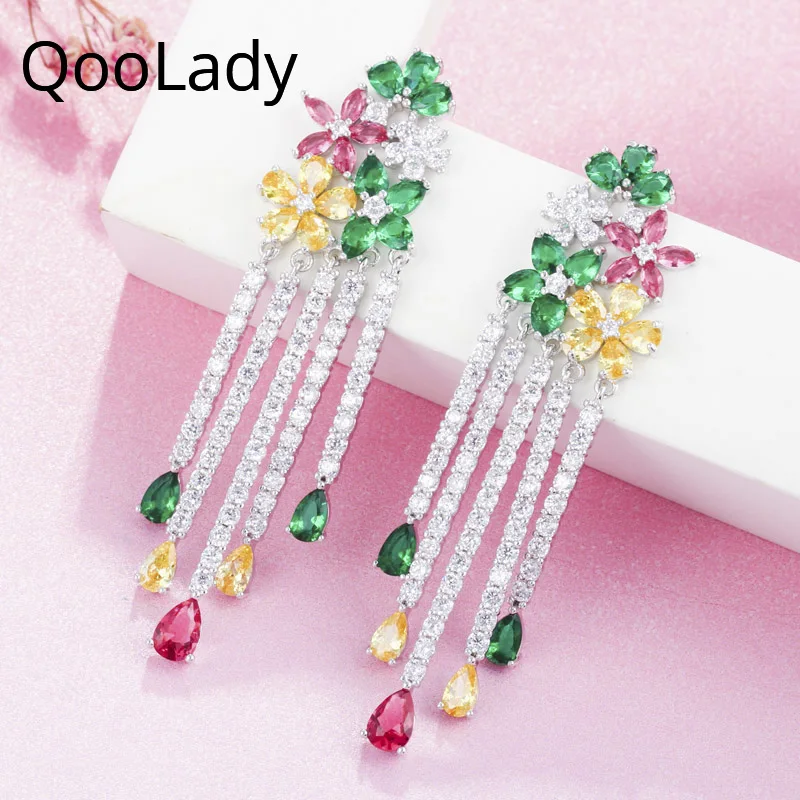 

QooLady Sparkly Green Yellow Multicolored CZ Stone Long Tassel Flower Drop Earrings for Women Bridal Wedding Jewelry 2019 E025