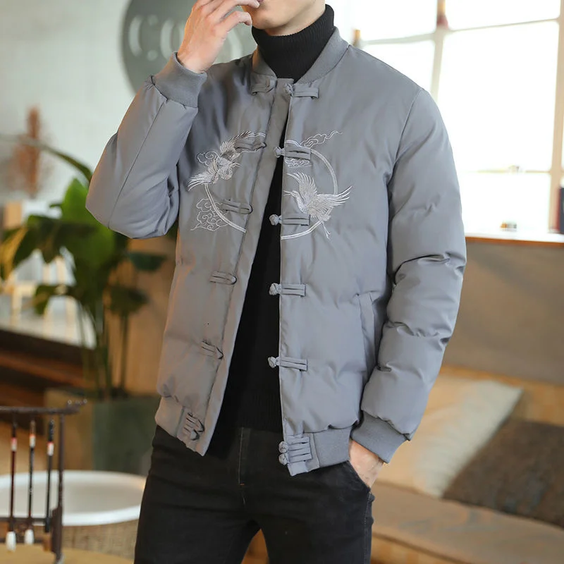 MRGB Men's Winter Fleelce Thick Bubble Coat Chinese Lucky Cloud Embroidery Solid Color Casual Parka Male Fashion Cotton Coat