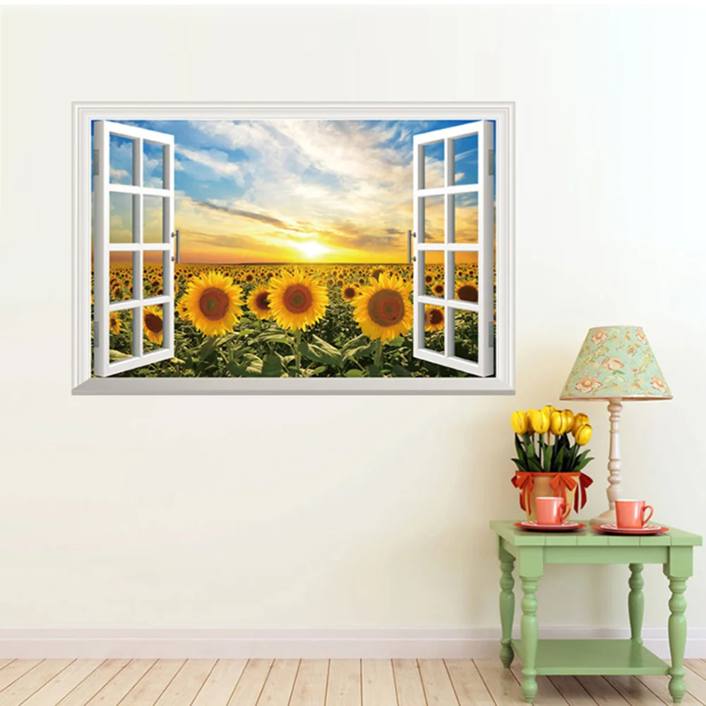 

3D Creative Fake Window Scenery Sticker Bedroom Living Room Wall Decal Background Decoration Wall Sticker - Sunflower (As Shown)