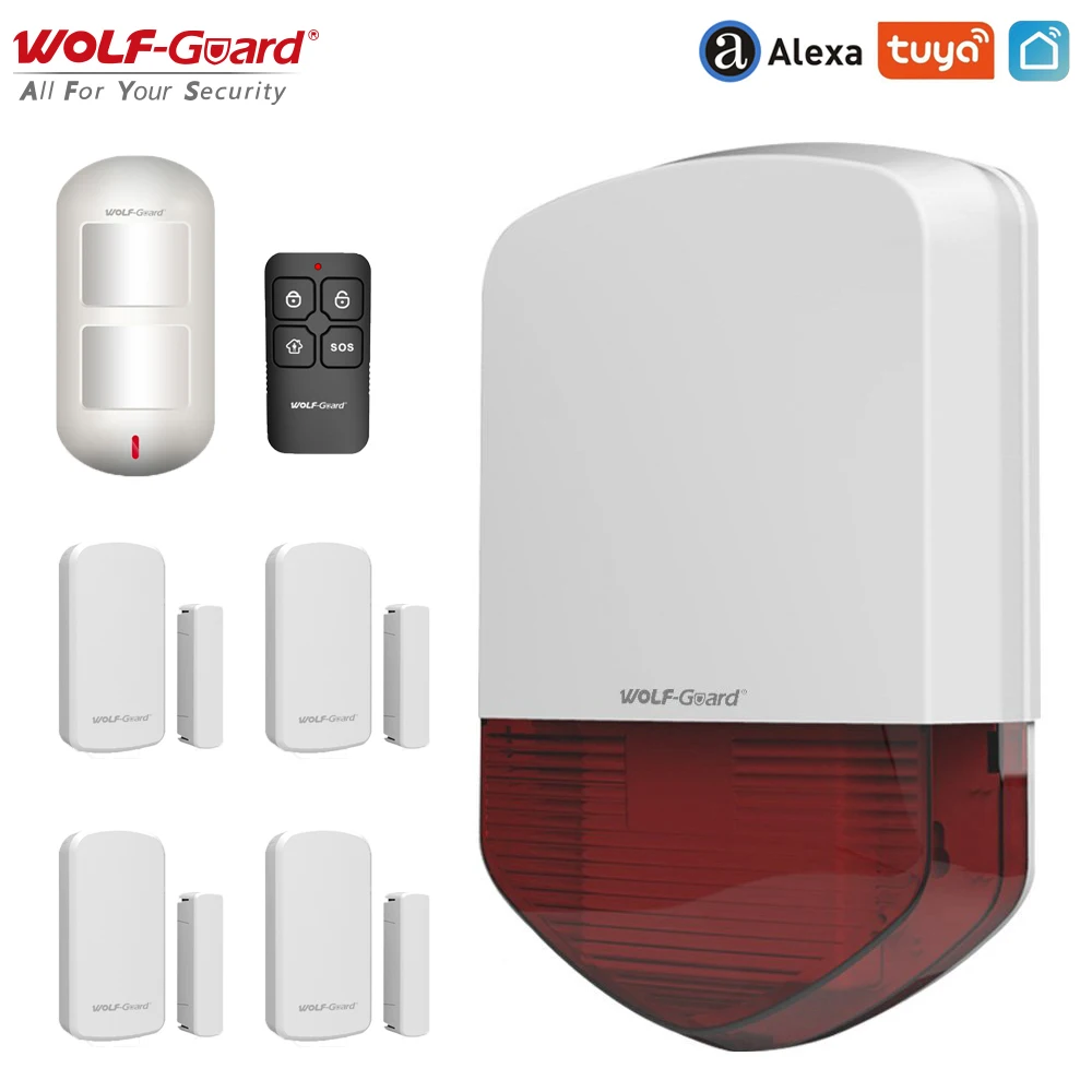 Wolf-Guard Outdoor Tuya Wifi Flashing Siren Weather-Proof APP Control Home Burglar Security Alarm Kit Support for Alexa & Google