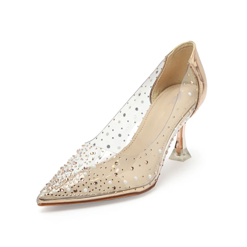 Crystal Transparent High Heels Women Shoes 2021 Summer New Style Sexy Pointed Toe Rhinestone Thin Heels Female Mujer