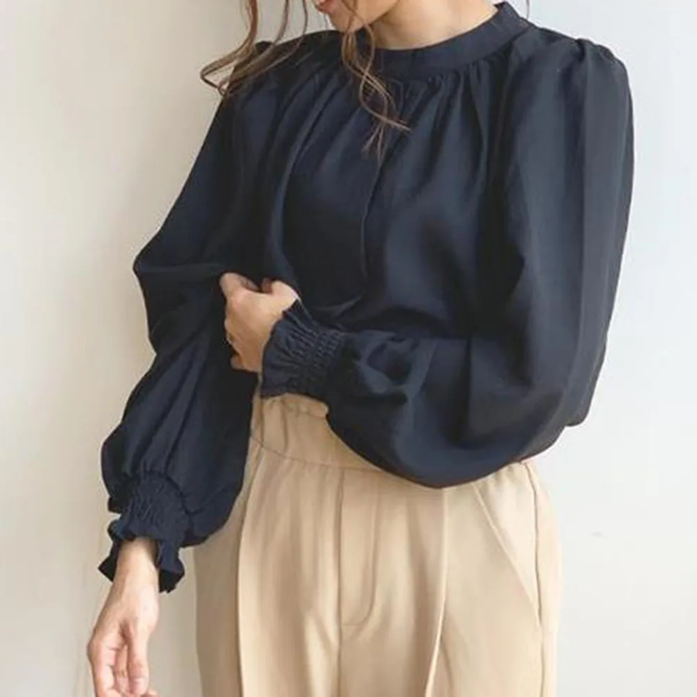 

Женская блузка, Осенние повседневные топы с длинным рукавом черного, белого, зеленого, синего цвета, женская рубашка в корейском и японском ...