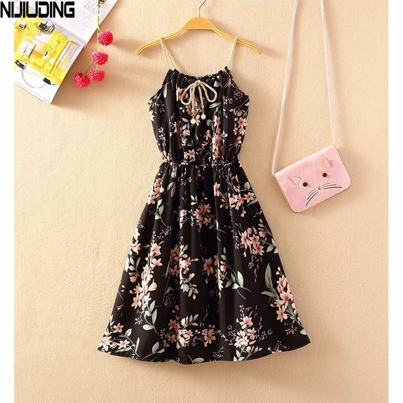 

NIJIUDING 2020 New Summer Long Chiffon Floral Strap Dress A-Line Women Casual Sleeveless Dresses High Waist Boho Beach Dress