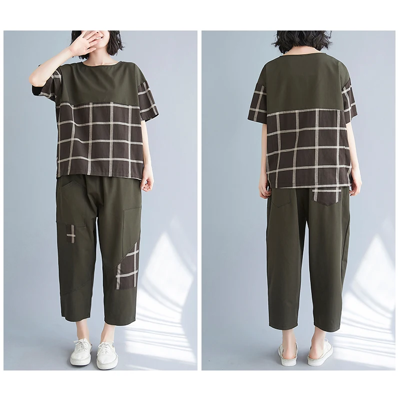 

Women Two-Piece Suit Casual Cotton And Linen Summer Plaid Short Sleeve Nine-Point Pants Ladies O-Neck Top Harajuku Style Loose