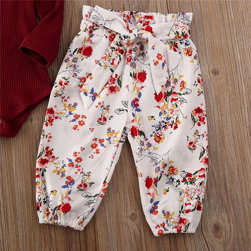 Осенне зимняя трикотажная одежда для маленьких девочек Штаны с цветочным
