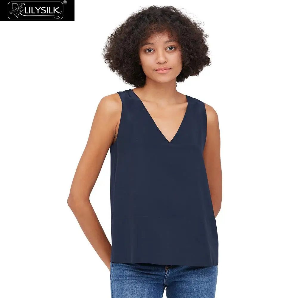 Navy Blue LilySilk шелковые кофточки с v-образным вырезом без рукавов женские новые - Цвет: Navy Blue