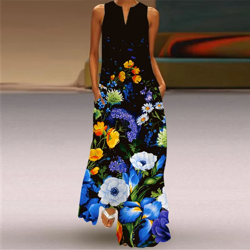 

2021 Summer Dress Women Clothes Print Asymmetrical Elegant Vest Party Long Dress Casual Loose Waist Plus Size Dress Vestido Robe