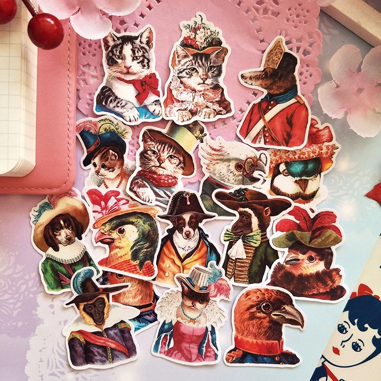 

16PCS vintage Animals Stickers Crafts And Scrapbooking stickers book Student label Decorative sticker DIY Stationery