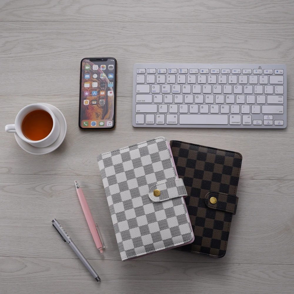 

A6 Brown 6 Ring Binder Checker Notebooks Refillable Checkerboard Luxury White Small Little Loose-Leaf Journal Diary Planners