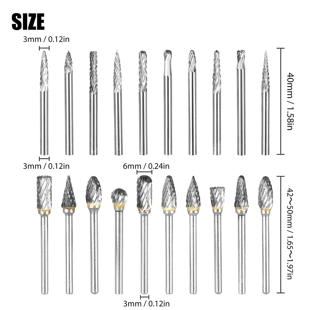 20Pcs Rotary Burr Tungsten Carbide Carving Burrs Grinder Bit 3mm Shank