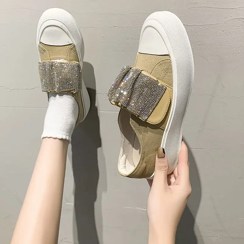 

Rhinestone thick-soled canvas shoes women's thin section 2021 new summer flat single shoes Velcro sneakers