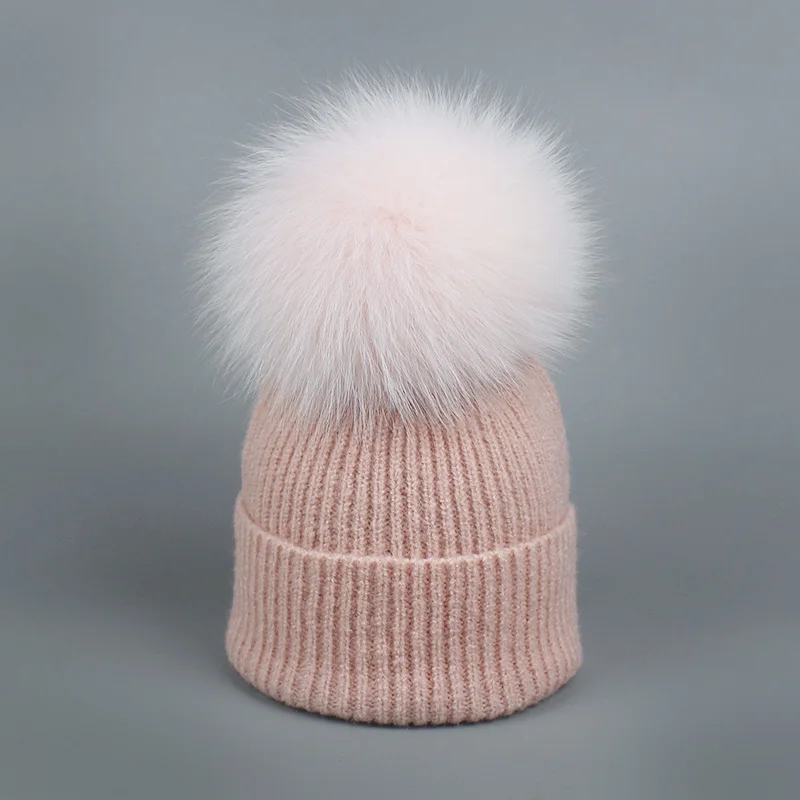 Parent-child Wool Knitted Scarf Hat Set With Real Fox Fur Pompons Women Girls Winter Warm Thick Crochet Hat Scarf 2 Pieces Sets - Color: T
