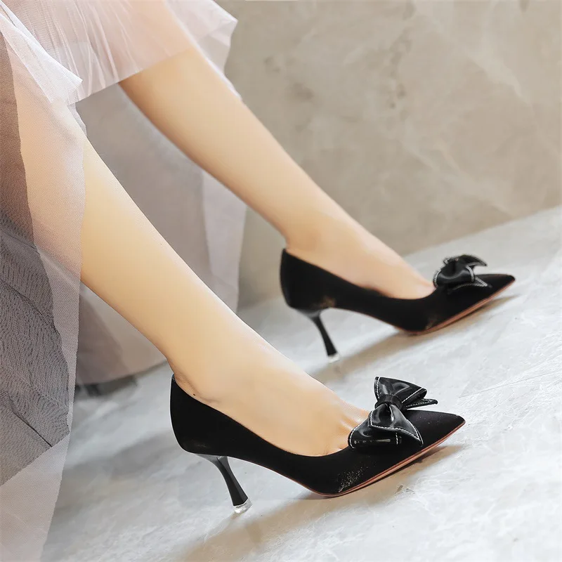 

Spring/Autumn Fashion The New High Heels Butterfly-knot Thin Heels Pointed Toe Dress Slip-On Breathable Shallow Party Concise