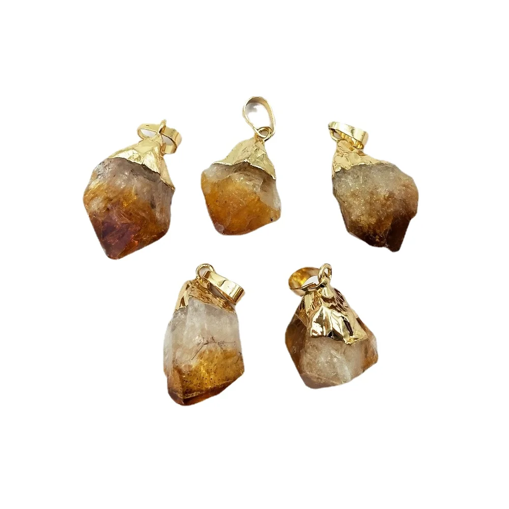 

Gold Electroplated Natural Raw Citrine Point Nugget Pendant Yellow Crystal Jewelry Charm for Necklace Making Wholesale