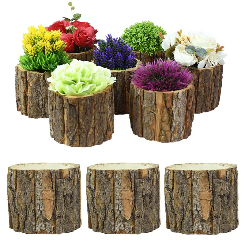 

Vintage Round Wooden Stake Design Flower Pot Home Table Desktop Decor Flower Vase Fake Tree Bark Succulent Plants Container