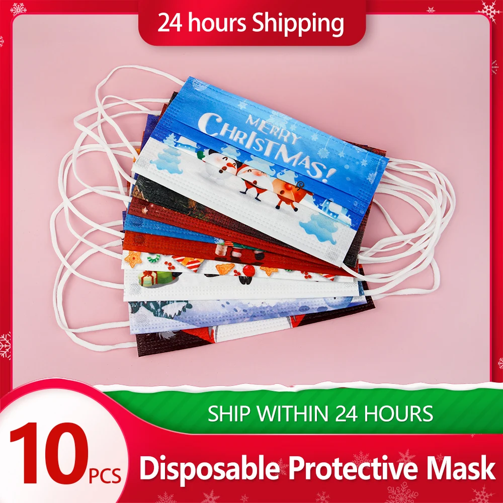 

10pc Merry Christmas Adults Mask Disposable Elk Santa Claus Print Mondmasker Facemask Mascarilla Halloween Cosplay Masque Snow