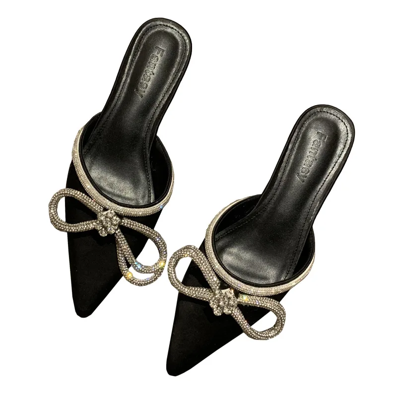 

2021 spring new Rhinestone bow wrap sandals with satin pointed thin heel