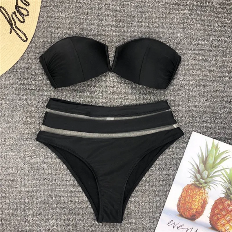 

Sexy Women High Waist Bikini Set Black White Strapless Push-up Padded Bra Swimsuit Swimwear Bathing Suit Female Beachwear
