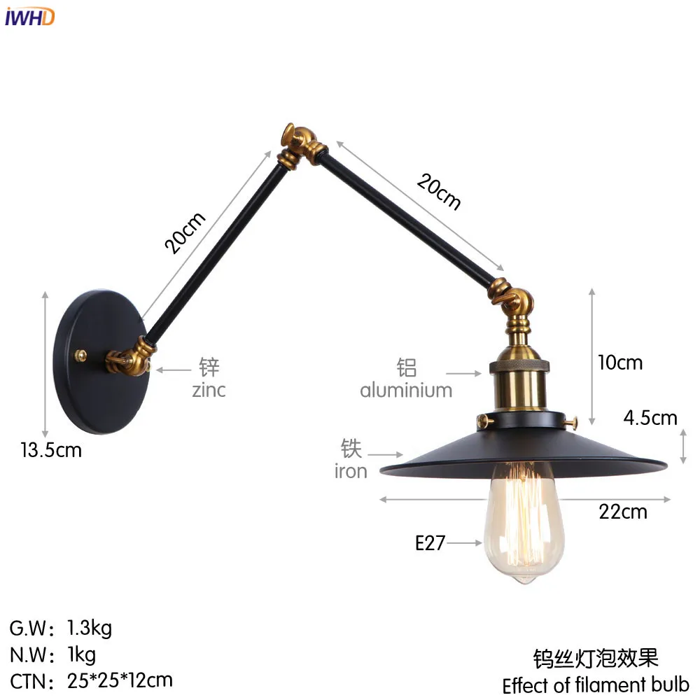 IWHD Wandlamp Edison Ретро настенный светильник для спальни зеркало лестницы