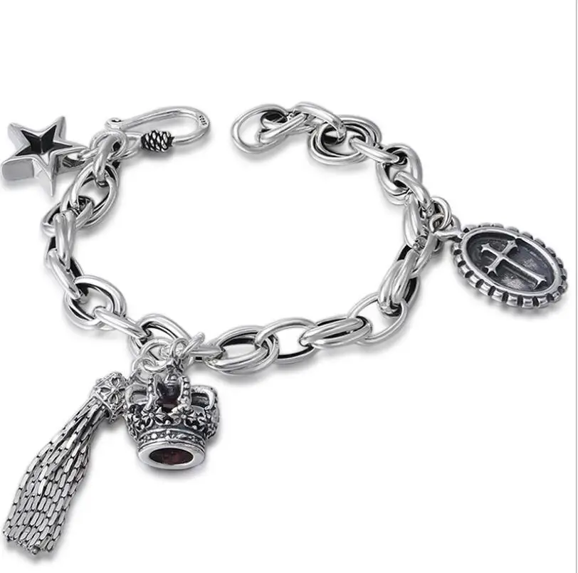 Женский браслет из серебра 925 пробы с короной кисточкой крестом звездой приливом