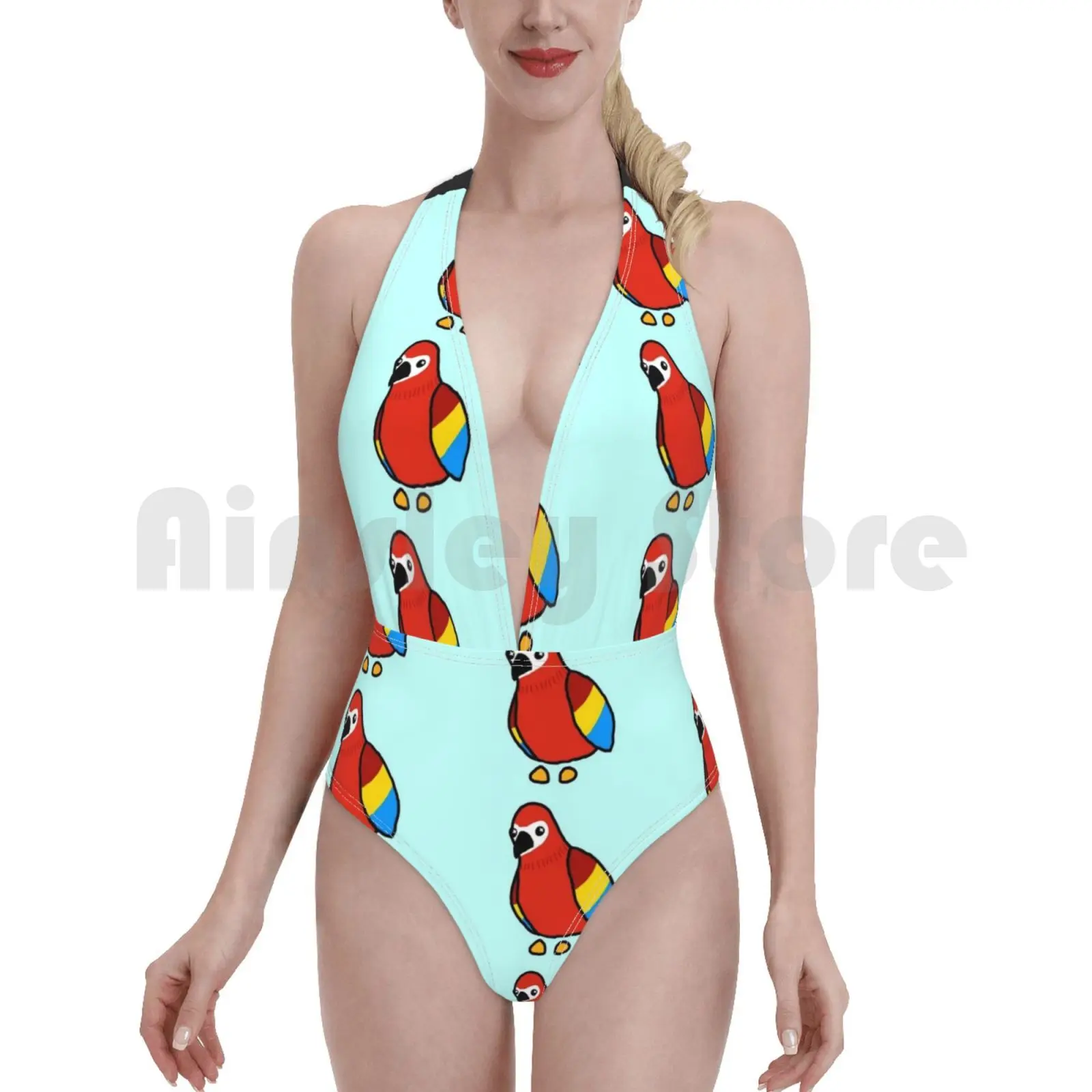 Cute Parrot Doodle Swimsuit Bikini Padded High Waist Adopt Me Parrots Kawaii Red Game | Женская одежда